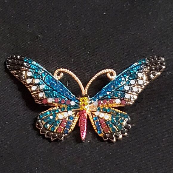 Goldtone Blue/Multi-color Crystal Butterfly Brooch - Picture 1 of 5